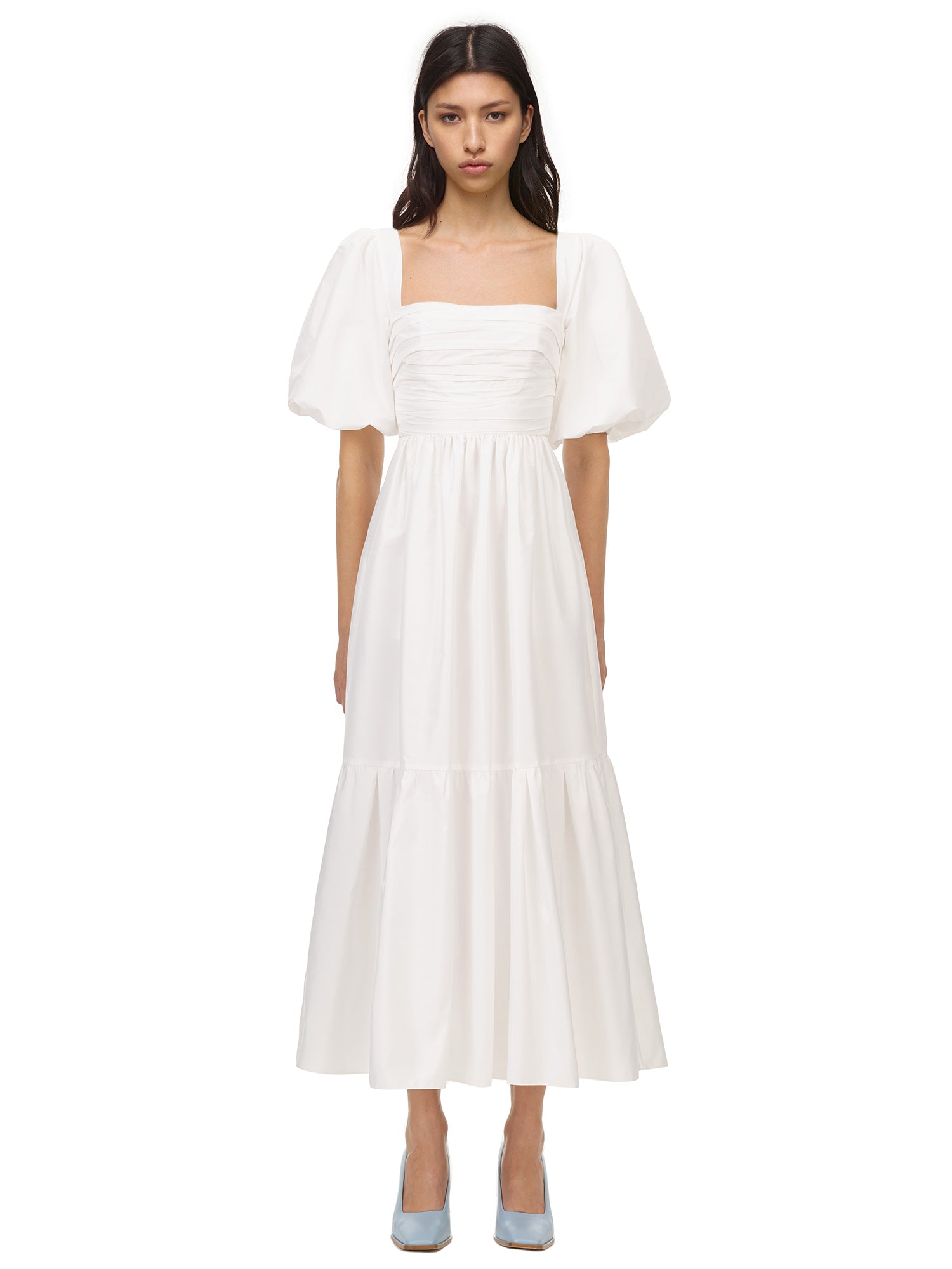 White Taffeta Puff Sleeve Midi Dress ...